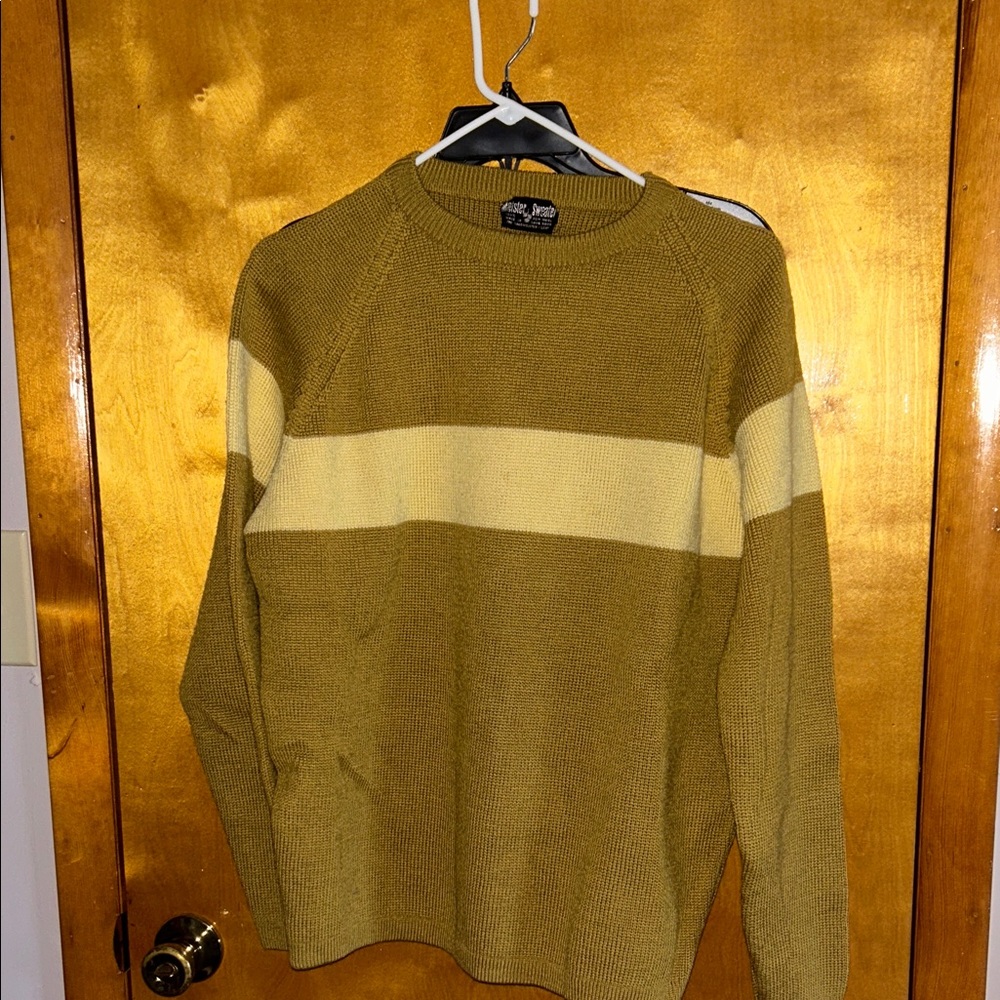Men's Mustard Crewneck Sweater with Cream Stripe